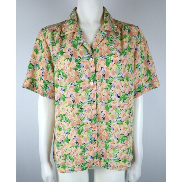 Donnkenny Women's Short Sleeve Button Up Top Crinkle Floral Petite Medium PM - Picture 1 of 12